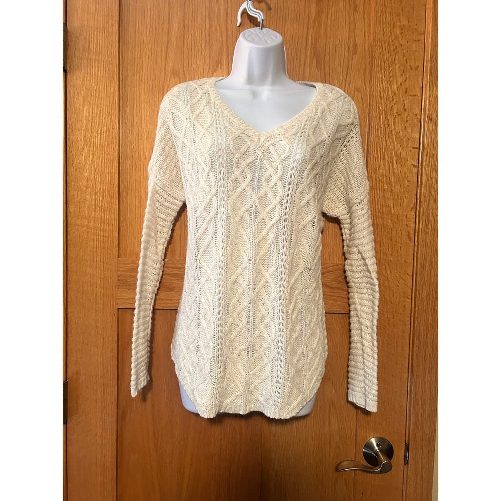Sonoma Cream Cable Knit V-Neck Sweater Women's Small Ivory Pullover Cottagecore